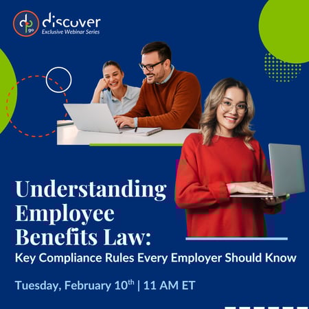 A digital flyer promoting a webinar on employee benefits law, featuring people engaged in a discussion with laptops in front of them.