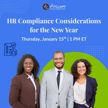 Three professionals in business attire pose against a vibrant blue background, promoting an HR compliance webinar on January 15th at 1 PM ET.