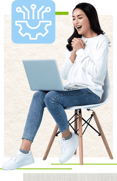 A person sitting on a stylish chair works on a laptop, wearing a white sweater and blue jeans, surrounded by a tech-themed background. 