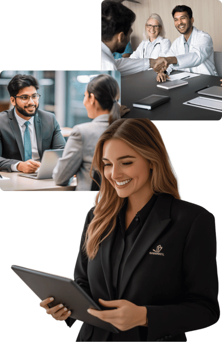 A professional woman in a blazer holds a tablet, confidently navigating the modern workplace. Surrounded by images of business and medical meetings, this scene symbolizes executive leadership and professional development, while highlighting key themes of talent acquisition, applicant tracking systems (ATS), and the recruitment optimization process in today’s dynamic hiring landscape.