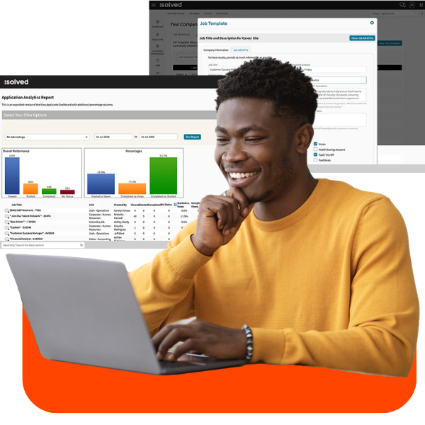 Man in a yellow sweater working on a laptop, with isolved recruiting software displayed showing a job template editor and an application analytics report with performance charts and job listing data.