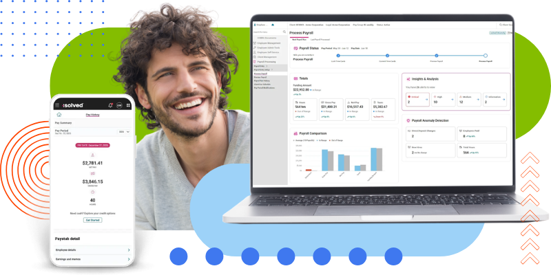Man smiling while viewing isolved payroll software on a laptop and mobile phone, displaying the payroll processing dashboard with pay period totals, payroll comparison charts, and a mobile pay stub summary.