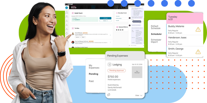 Smiling woman in a white jacket using isolved's employee self-service platform, with interface panels showing quick punch time clock, to-do requests, employee scheduler, and pending expense approvals.