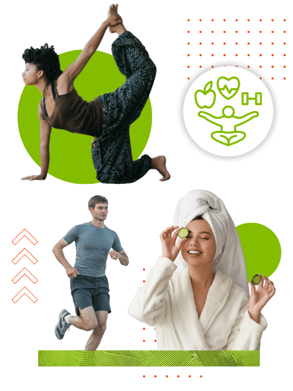 A collage of individuals engaged in fitness activities: a woman in a yoga pose, a man running, and a person relaxing in a robe.