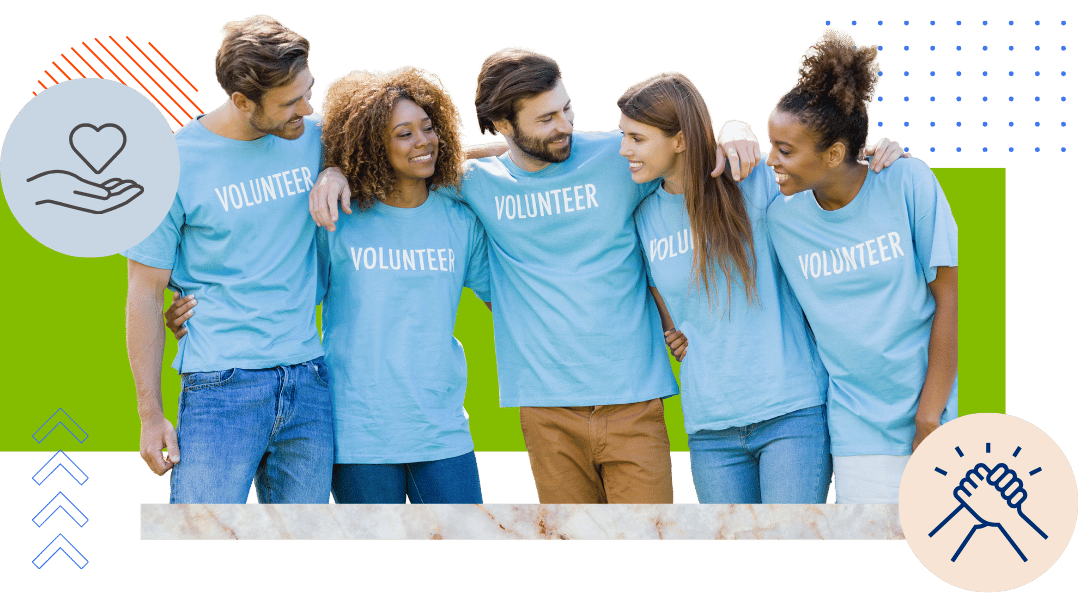 Group of six volunteers wearing blue shirts, smiling and standing together in solidarity against a vibrant, colorful background.