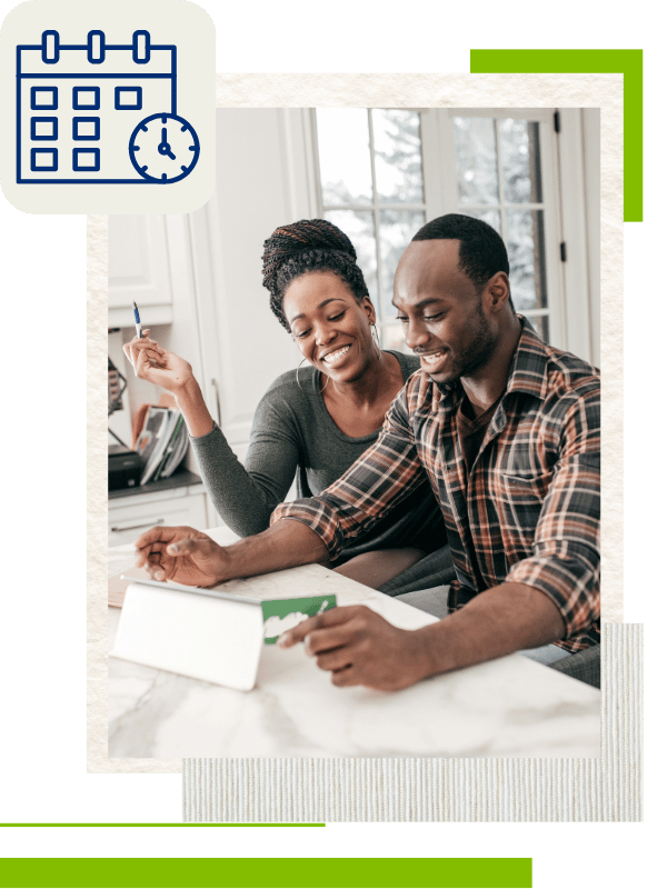 A couple is discussing plans at a table, with a calendar icon in the corner and a tablet displaying a green card.