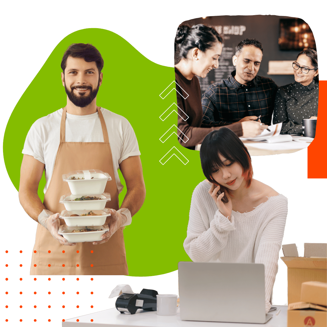 person holding food containers, person on the phone looking at a computer, three people talking together