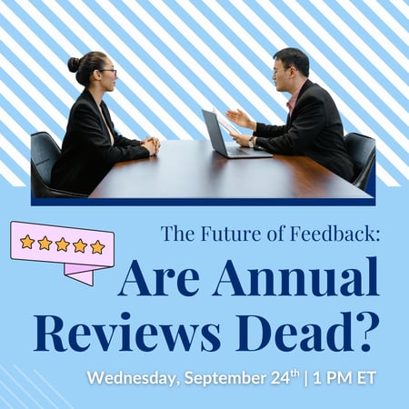 A professional meeting discussing the future of feedback, with a laptop on the table and promotional text about upcoming webinar 