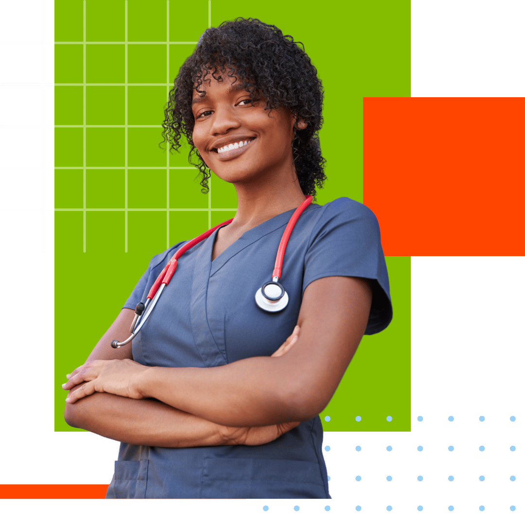 lady in scrubs with abstract shapes