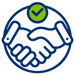 Two hands clasped in a handshake within a circular outline, topped with a green checkmark, symbolizing agreement and trust.