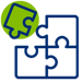 An outline of interconnected puzzle pieces with a highlighted piece above, symbolizing problem-solving or teamwork.