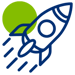 A blue outline of a rocket launching, with vapor trails, set against a bright green sun-like circle.