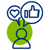 Icon of a person with speech bubbles featuring a heart and a thumbs-up, symbolizing positive feedback and engagement
