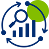 Icon depicting growth and analytics, featuring a circular graph, upward arrows, and a representation of data metrics.