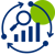 Icon depicting growth and analytics, featuring a magnifying glass over bar charts with circular arrows and colored circles.