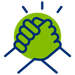 Two stylized hands clasped in a handshake, set against a green circle with rays, symbolizing collaboration and partnership.