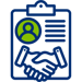 An illustration of a clipboard with a user profile, written details, and a handshake symbolizing collaboration or agreement.