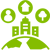 a building on top of earth with icons of a person, arrow, and tree