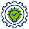 A gear symbol encircles a light bulb with a checkmark, representing innovation and successful ideas in technology and industry.