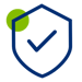 A blue outlined shield with a checkmark inside, accompanied by a green circle, symbolizing security and trust.