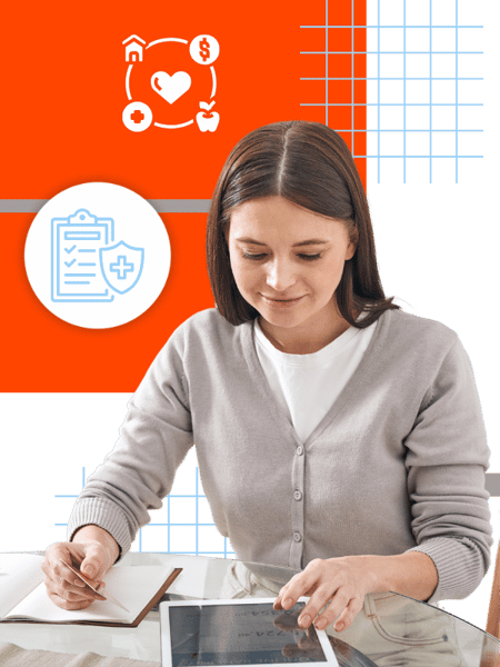 A person seated at a table writes in a notebook, with a tablet and health-related icons in the background, symbolizing wellness and health management.