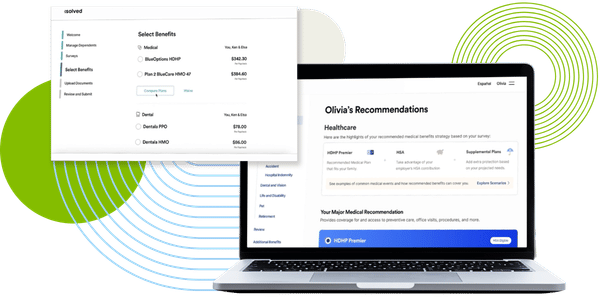 isolved benefits enrollment interface showing medical and dental plan selection options alongside a personalized recommendations screen with healthcare plan highlights on a laptop.
