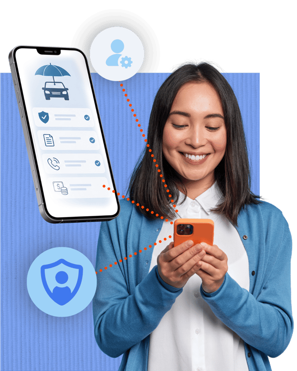 Woman smiling while using her phone, with a mobile screen showing auto insurance policy details and icons for account settings and protection plans.