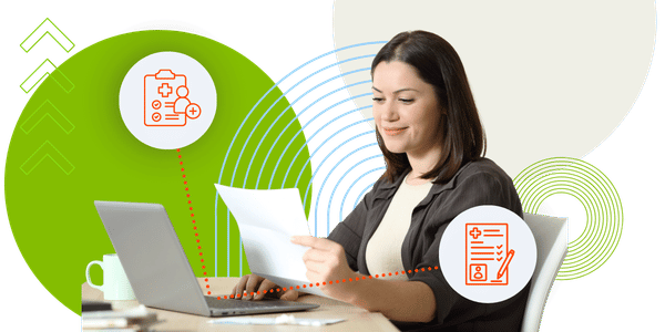 Woman reviewing paperwork at her laptop, with icons representing medical claims and benefits checklist documents.