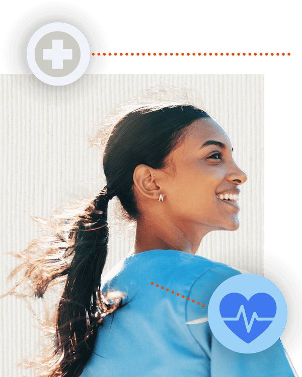 Smiling healthcare worker in blue scrubs looking over her shoulder, with medical cross and heart-rate icons highlighting health benefits.