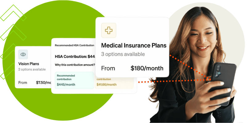 Smiling woman looking at her phone beside benefits enrollment cards showing vision plan options, recommended HSA contribution amount, and medical insurance plans starting at $180 per month.