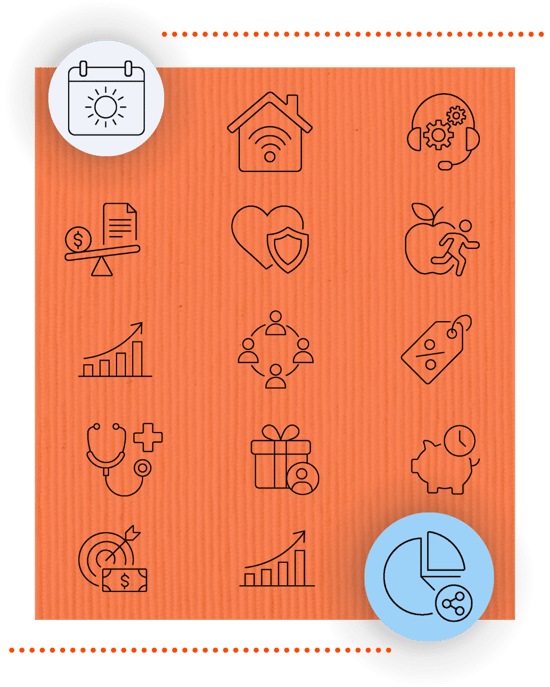 Set of line icons on an orange background representing HR and benefits topics, including PTO calendar, smart home, employee support, budgeting, health protection, wellness, growth, teamwork, offers, medical care, gifting, savings, and financial goals.