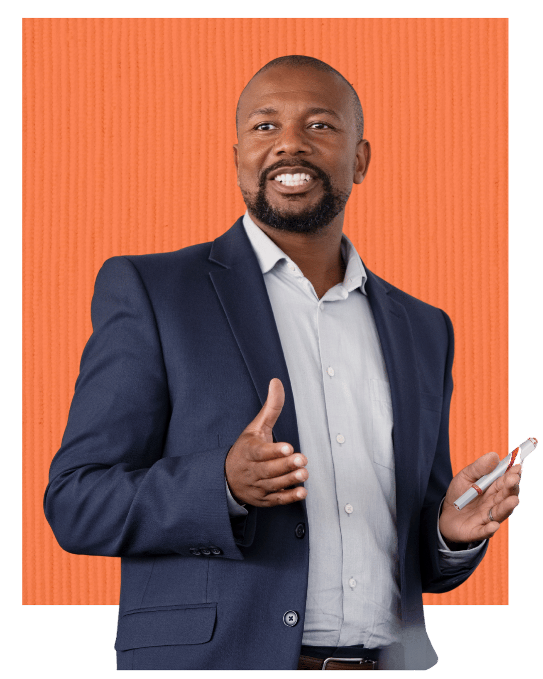 Smiling man in a navy suit gesturing while speaking, set against an orange background with decorative wave and circle graphics.