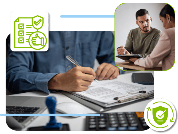 a person writing on a document beside a calculator and another photo of people talking holding a clipboard