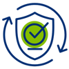 A stylized shield with a green circle in the center, surrounded by arrows, symbolizing security and renewal.