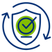 A shield emblem with a green checkmark and circular arrows, symbolizing security, verification, and ongoing protection.