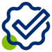 A blue check mark inside a wavy outline with a green dot, symbolizing verification or approval.