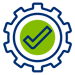 Graphic design featuring a green confirmation circle with blue checkmark, enclosed by a dark blue gear icon, representing custom solutions and process completion