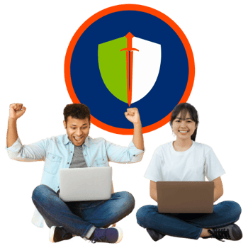Two individuals sit cross-legged with laptops, celebrating in front of a colorful shield logo on a black background.