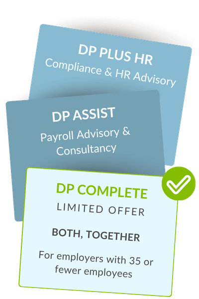 Stacked cards promoting DP Plus HR compliance, DP Assist payroll tools, and DP Complete combined offer for employers with 35 or fewer employees.