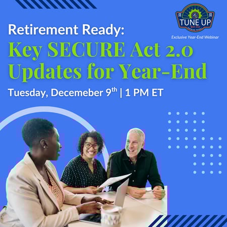 A group of diverse individuals seated at a table, engaged in discussion with documents, promoting a webinar about retirement updates.
