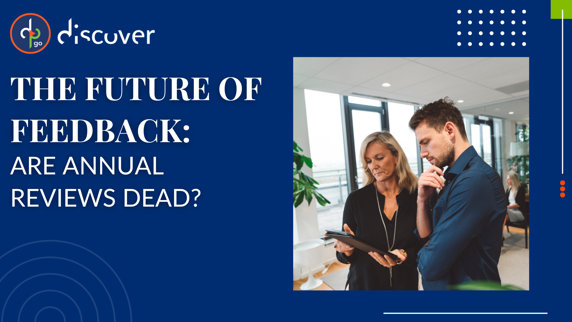 A man and a woman engage in discussion, graphic promoting webinar, The Future of Feedback: Are Annual Reviews Dead?