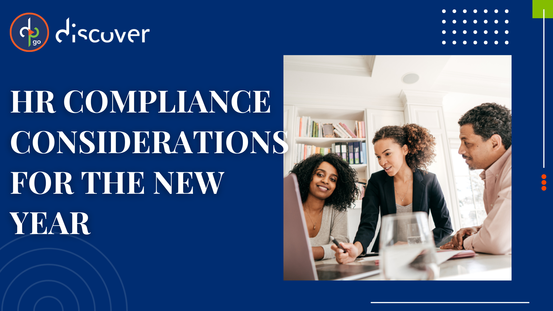 A group discusses HR compliance considerations for the new year, with notebooks and a laptop on a table in a bright office setting.