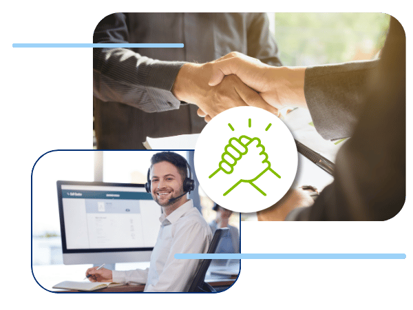 photo of people shaking hands and a person at a computer