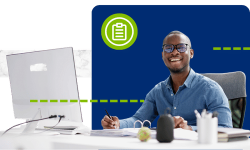 A person sitting at a desk, writing notes and surrounded by office supplies and a dark speaker, with a blue background.