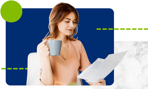 Young professional woman sitting at a desk, holding a coffee mug and reviewing a document against a blue and white graphic background with green design accents.