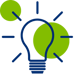 A blue outline of a light bulb with green accents, radiating light, surrounded by abstract green and blue circles.