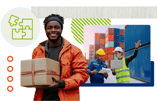 A person in an orange jacket carries a package while two workers discuss logistics amidst colorful shipping containers.