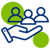 A stylized hand supporting three user icons, symbolizing support, community, or teamwork, against a green background.