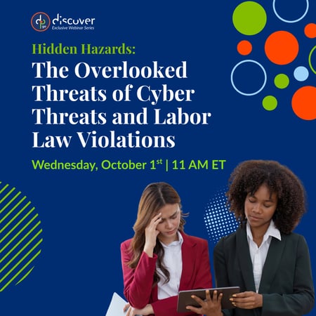 Promotional graphic for a webinar on cyber threats and labor law violations, featuring a date and time.