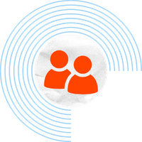 Orange people icon surrounded by blue concentric circles, representing HR and payroll client partnerships